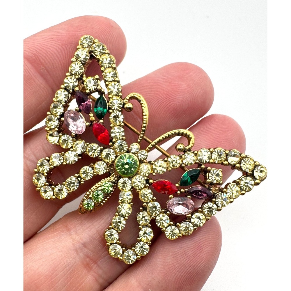 Vintage Butterfly Brooch Multi Color Rhinestone Pin Gold‎ Tone Insect